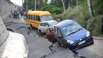 Watch: Newly built NH 66 embankment collapses in Kerala; school bus, other vehicles trapped | Thiruvananthapuram News
