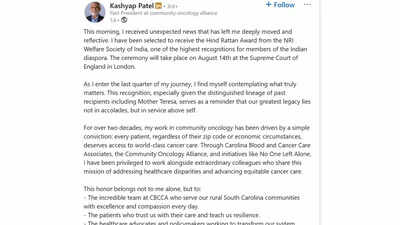 Who is Kashyap Patel? Indian-origin doctor wins prestigious NRI award Hind Rattan for transforming cancer care | World News