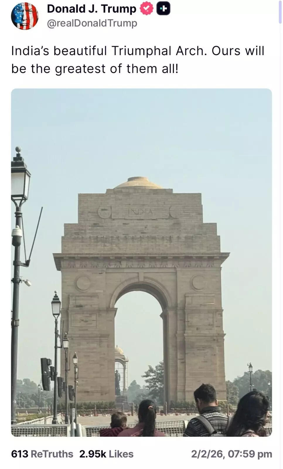 ‘Ours will be greatest of them all!’ Trump shares photo of ‘beautiful’ India Gate