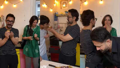 Aamir Khan cuts his birthday cake with girlfriend Gauri Spratt, kids Azad Rao, Ira and Junaid Khan, Irfan Pathan shares inside VIDEO |