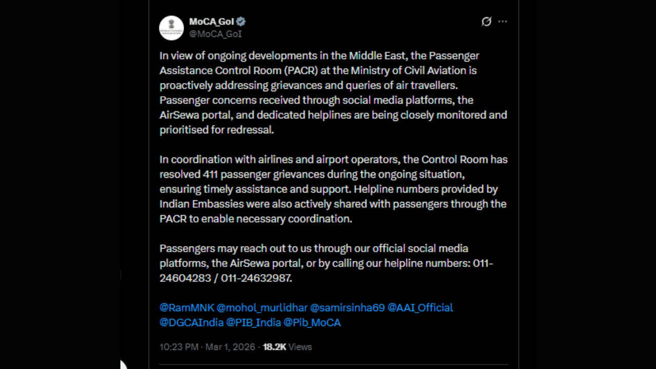 Civil Aviation Ministry activates PACR as airlines suspend West Asia flights; 411 grievances handled so far |