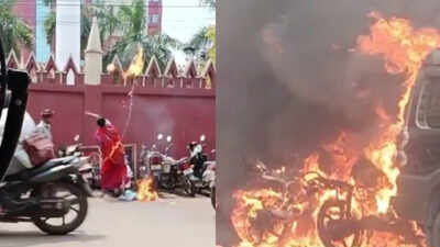Watch: Woman sets SUV, two-wheelers ablaze using ‘petrol bombs’ at Orissa high court, tells shopkeeper to film act | Bhubaneswar News